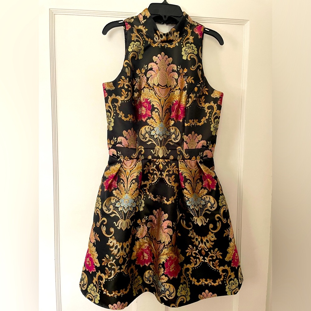 Chi Chi London size 6 halter top dress, black jacquard with blue, pink, and gold
